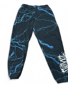 Swixxz Blue Lightning Reflective Sweatpants Women’s Small Black Joggers Goth Y2K